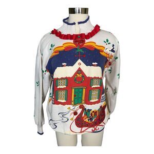 VTG Puff Paint Christmas Xmas Sweatshirt Bells Ruffle Collar S